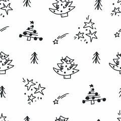 Happy new year. Seamless pattern of outline сhristmas elements. Template for Notebook covers, pattern for wallpapers, textile, wrapping paper. Doodle vector illustration. Childish naive art style
