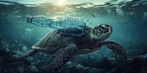 Fototapeta premium Sea turtle trapped in plastic pollution.
