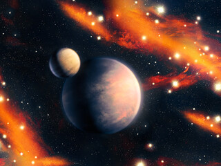 Naklejka premium Planet and satellite with cosmic nebula. Interstellar dust with stars and exoplanets. Beauty of the universe, sci-fi background.