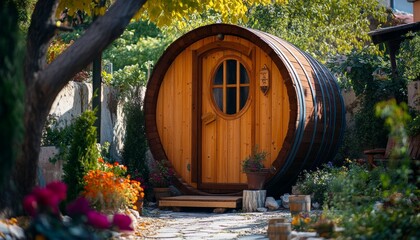 Naklejka premium Cozy Wooden Barrel Cabin Surrounded by Lush Greenery, Perfect Getaway for Nature Lovers