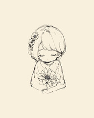 Line Art Sketch Feminine Girl Flower Lady Illustration Vector Girly Cute Anime