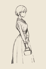 Line Art Sketch Feminine Dress Flowers Lady Woman Illustration Fashion Bridal Vector Victorian Anime