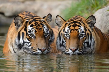 Two majestic tigers resting in tranquil water under the warm sun in their natural habitat