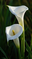 Elegant white calla lilies bloom gracefully in a lush green garden during golden hour © Mykhailo Podolian