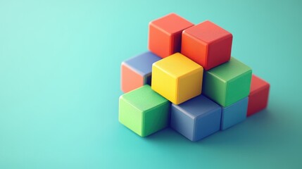 Naklejka premium Colorful Wooden Cubes Stacked in a Pyramid Shape on a Turquoise Surface