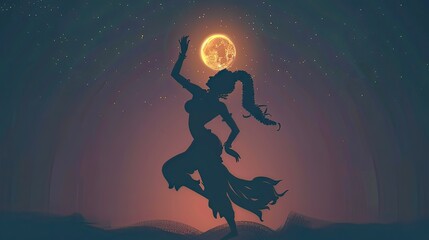 A dynamic illustration of Rahu dancing in the night sky, with the moon shining brightly above, showcasing the passion of love. 