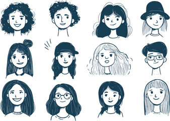 Female hand drawn cartoon avatar icon collection. User profile people for social media and websites