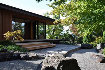 Fototapeta premium Modern minimalist house with a serene garden in a tranquil natural setting