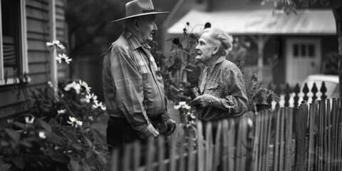 A man and a woman standing together by a fence, possibly at an event or celebration