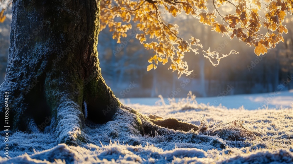 Poster The image shows a tree trunk and roots covered in frost, with a few branches covered in frost and leaves reaching toward the light in the distance. The ground is also covered in frost.