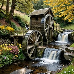 Obraz premium Water wheel in European countryside. This is AI generated, property release is not required.