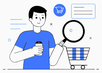 A person in a blue shirt holding a magnifying glass stands beside a shopping cart, emphasizing online shopping and search themes. Ideal for e-commerce, product search, shopping, consumer behavior
