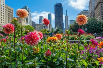 A scenic view of a city skyline with a vibrant field of colorful flowers in the foreground