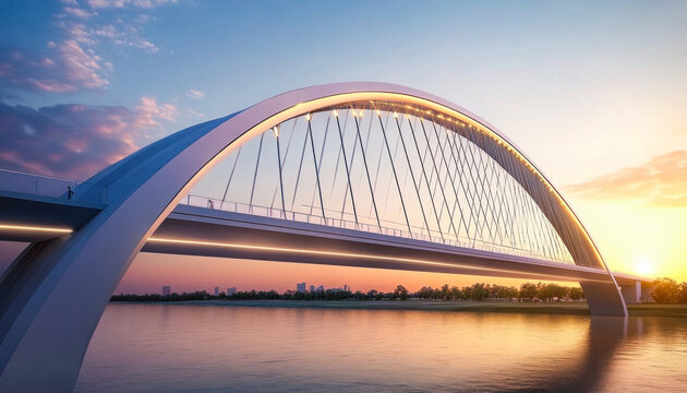 Modern arch bridge connecting city with nature at sunset with people crossing - Powered by Adobe