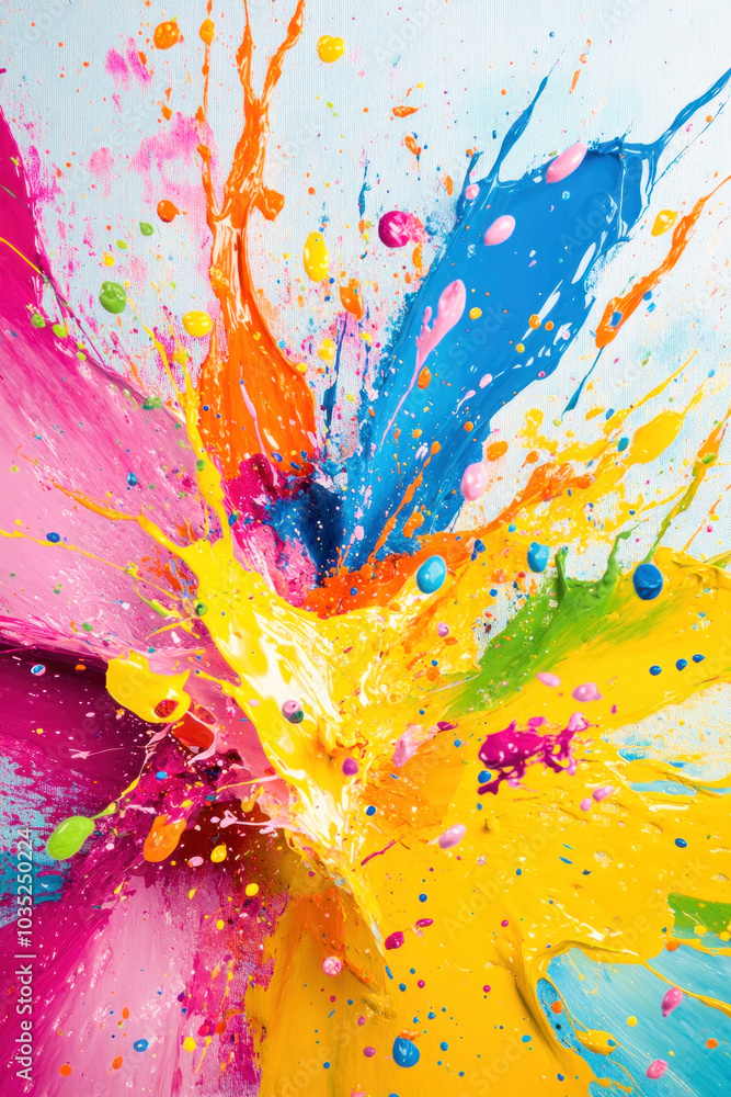 Poster colorful paint splashing on canvas creating abstract design