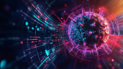 Fototapeta premium A 3D illustration of a virus particle floating in a digital environment, with abstract data patterns.