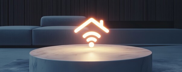 A glowing house icon with a Wi-Fi symbol on a sleek glass coffee table, with a minimalist modern living room in the background featuring stylish furniture.