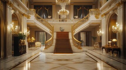 Obraz premium A beautifully decorated entrance hall with a grand staircase, chandeliers, and marble floors, representing an upscale home in demand by buyers