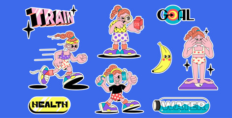 Naklejka premium Colorful Cartoon Fitness Illustration with Fun Characters, Motivational Elements, and Healthy Lifestyle Icons. Perfect for Exercise, Workout, Wellness, and Sports-Themed Designs
