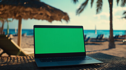 panorama scene of a laptop monitor with a green screen chroma key on a beach remote work lifestyle, working remotely vacation vibes sunny day