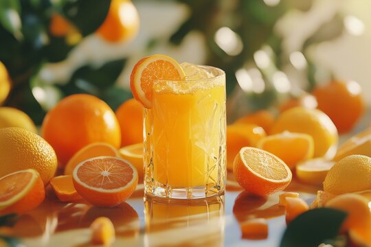 Freshly squeezed orange juice in a glass, surrounded by halved citrus fruits. - Powered by Adobe