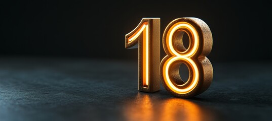 Golden Number 18 With Glowing Neon Light On Dark Background Closeup 3D Render Illustration.