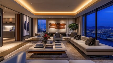 A contemporary living room with modern art, sleek furniture, and a panoramic view, symbolizing luxury and high profitability for real estate sales