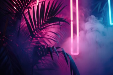A plant with vibrant neon lights shining behind it