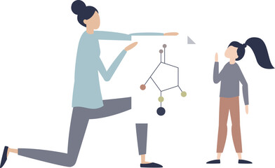 A woman and girl explore a molecular model, symbolizing scientific curiosity and education.