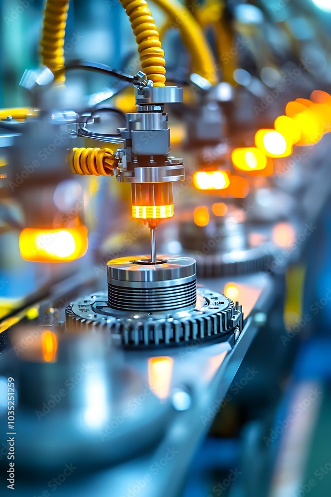 Poster a detailed view of advanced automation technology in a high-tech manufacturing process. the image sh