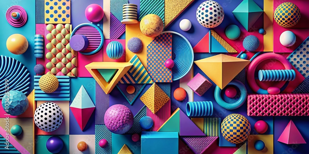 Poster abstract multicolored geometric background with 3d shapes in memphis style for modern design project