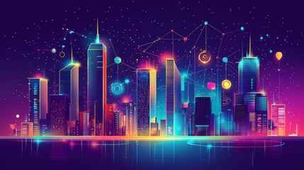 A futuristic cityscape showing a global network of technology and business connectionsGraphic depicting the journey of a small business from concept to reality, highlighting key milestones and challen