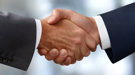 A business handshake between two executives in a bright corporate office, symbolizing partnership and trust
