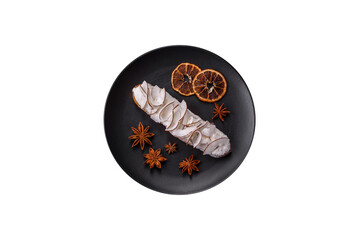 Sweet eclair with custard decorated with coconut slices