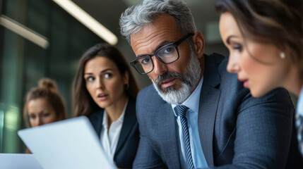 Obraz premium A business leader reviewing strategy documents with their team in a corporate boardroom, deep in discussion