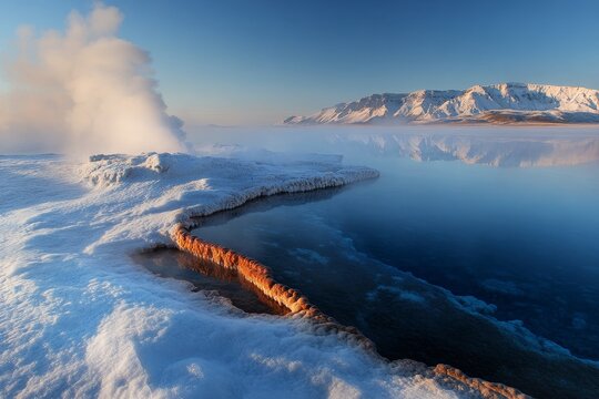 A serene winter morning at a geothermal hot spring in Iceland with snow-covered mountains and steam rising into the clear blue sky - Powered by Adobe