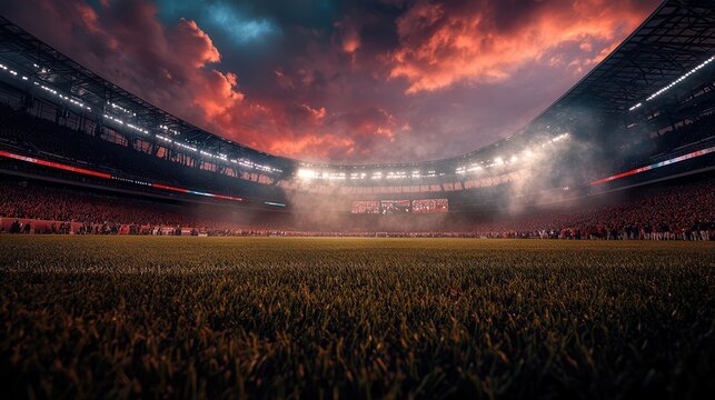Dramatic stadium scene at sunset, capturing the vibrant energy and anticipation of an upcoming sports event beneath a colorful sky.