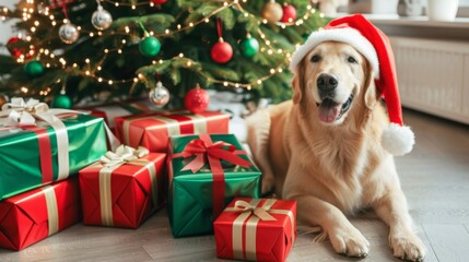 Adorable dog in Santa hat sitting on Christmas gifts, festive holiday scene with decorated tree, lights, ornaments, and striped wrapping paper in modern home interior with natural light.