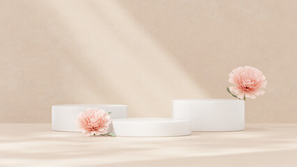 Background featuring an empty product display mockup with a pink backdrop and abstract geometric platforms designed for showcasing merchandise in landscape orientation.