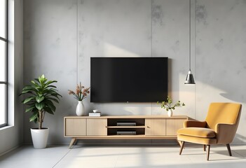 LED TV on the gray wall in living room,minimal design,3d rendering
