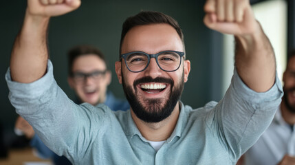 Naklejka premium A business person celebrating success with a small startup team, high fives and energy in a modern office setting