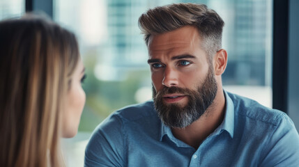 Obraz premium A business person having a serious discussion with a colleague in a corporate office, surrounded by glass windows and city views