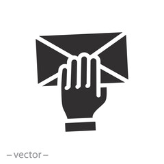 postman delivery, mail in the hand, icon, mailman concept, email messenger, new paper letter, flat vector illustration