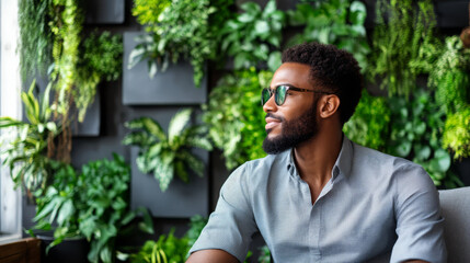 A business person in an eco-friendly office space, discussing sustainability strategies with colleagues, green plants in the background