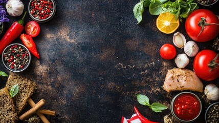 Variety of fresh ingredients surrounding dark rustic surface, including tomatoes, garlic, herbs, spices, and meat