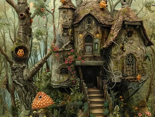 Obraz premium Enchanted Treehouse in a Mystical Forest - Fantasy Art