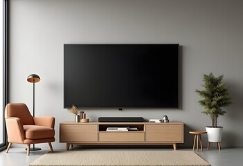 LED TV on the gray wall in living room,minimal design,3d rendering
