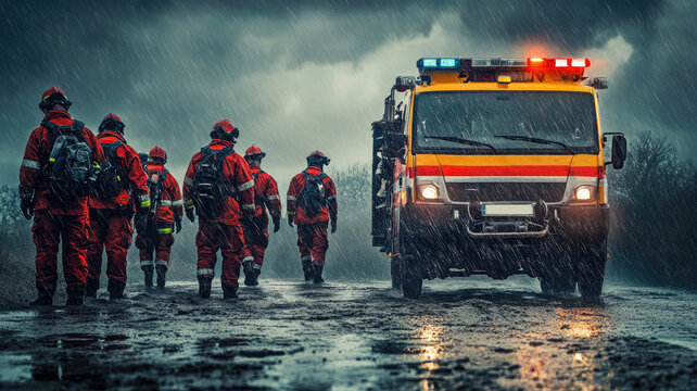 Emergency responders in action wearing firefighting gear next to ambulance on rainy day