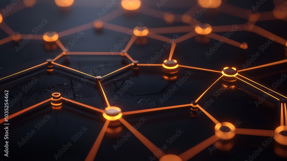 Poster abstract network connections with orange nodes on a dark background, symbolizing data transfer and c