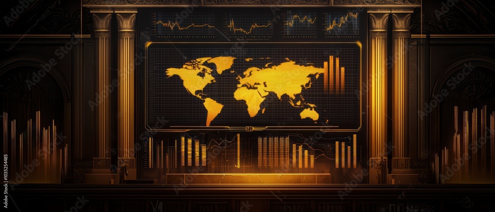 Poster abstract financial background with world map and graph elements, ideal for presentations and reports
